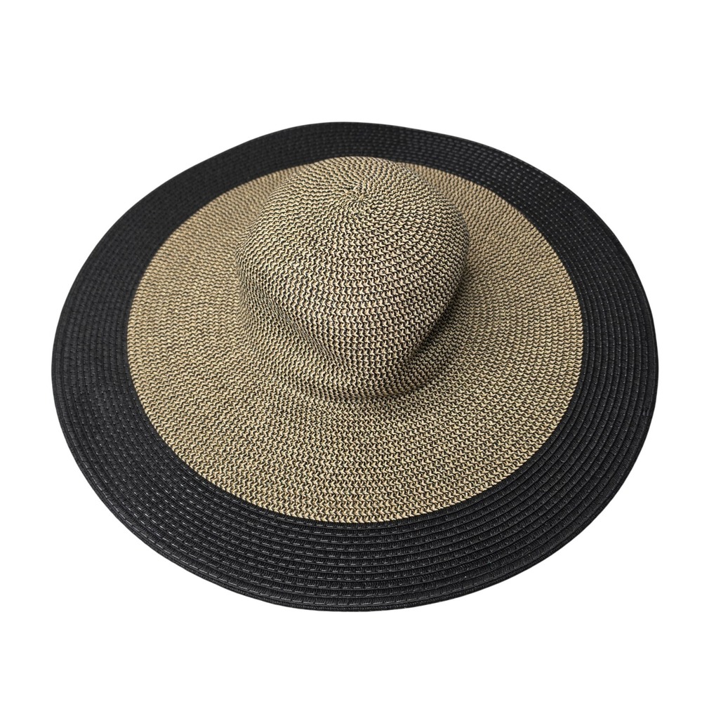 Renato Balestra Hat Women OS Tan Black Sun Hat Wide Brim Paper Straw Metallic
